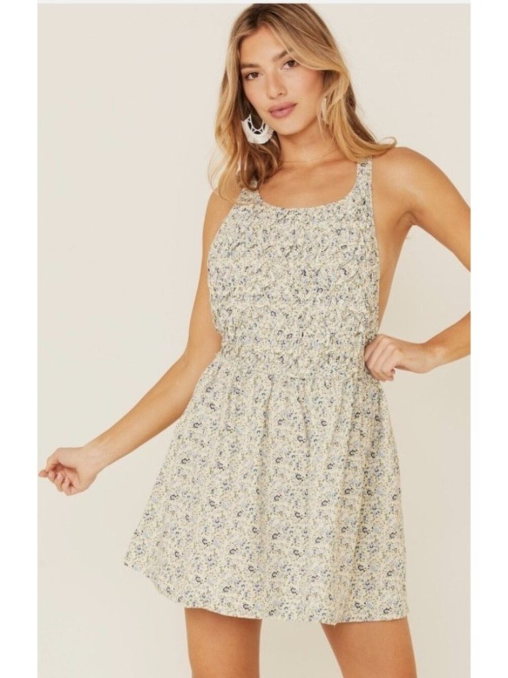 Free People Women’s Small Petunia Mini Smocked Boho Sundress Ivory Tea Blue New